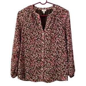 J Crew Blouse Olive Green with Floral Print of Pink White Black V Neck WM SZ XS